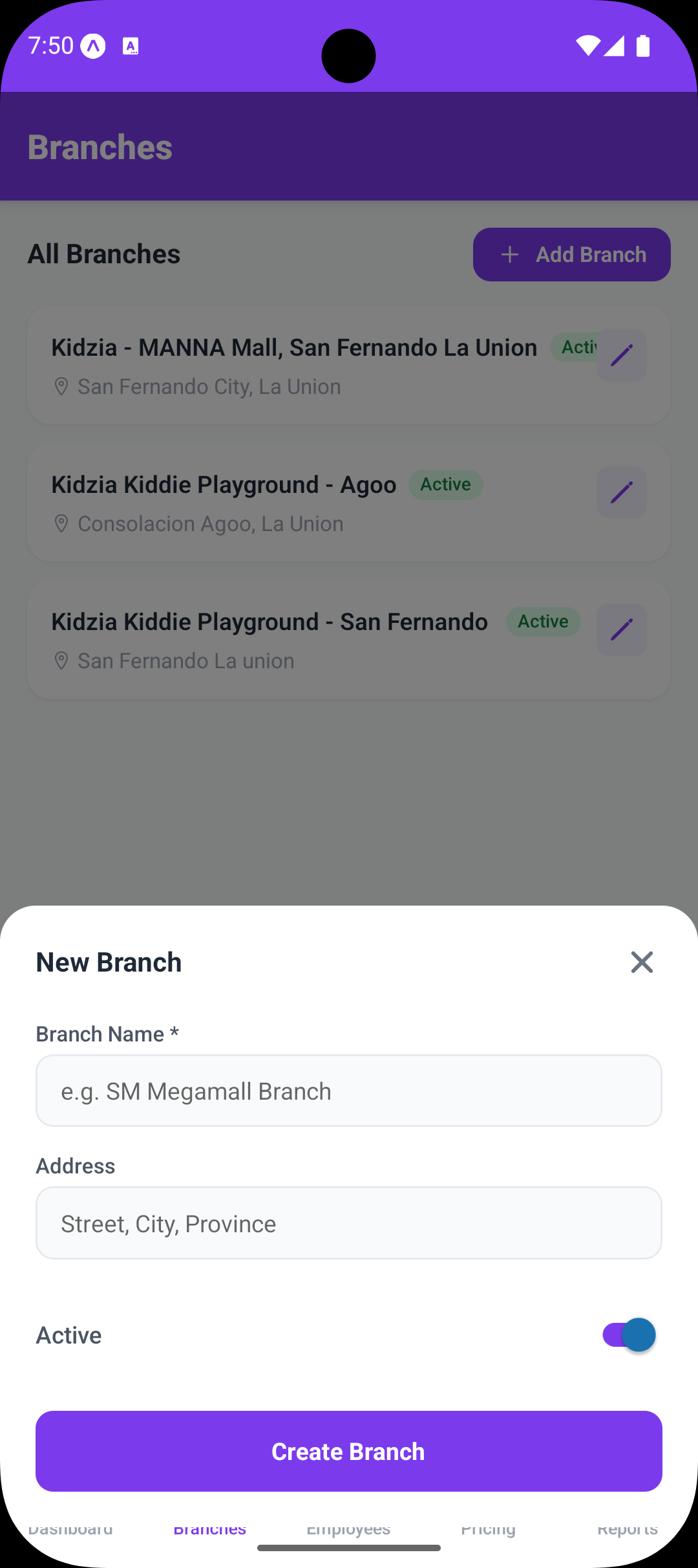 Admin Branches — Create / Edit Branch Form