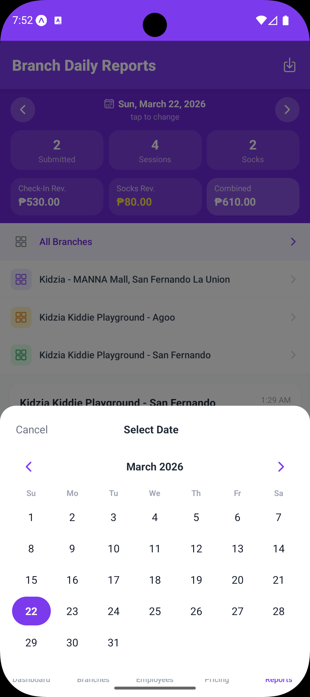 Admin Reports — Date Range Picker
