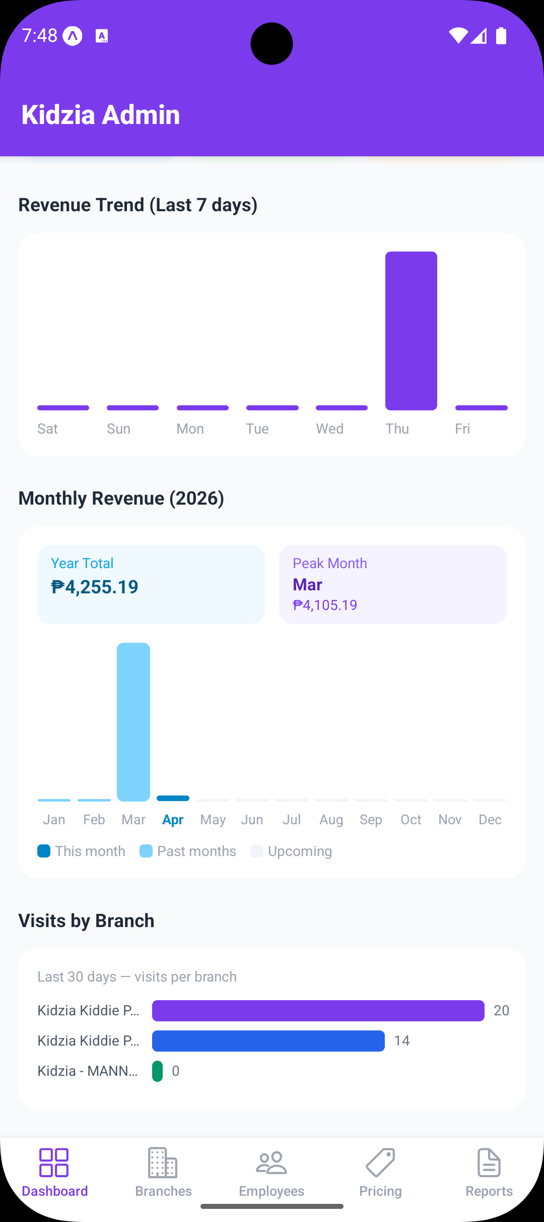 Admin Dashboard — Revenue & Visits Charts