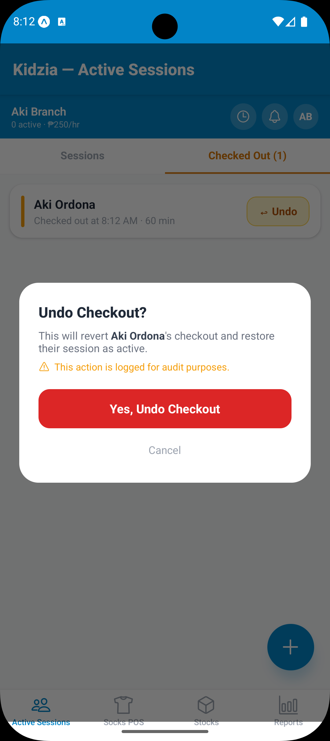 Active Sessions — Revert Checkout Confirmation
