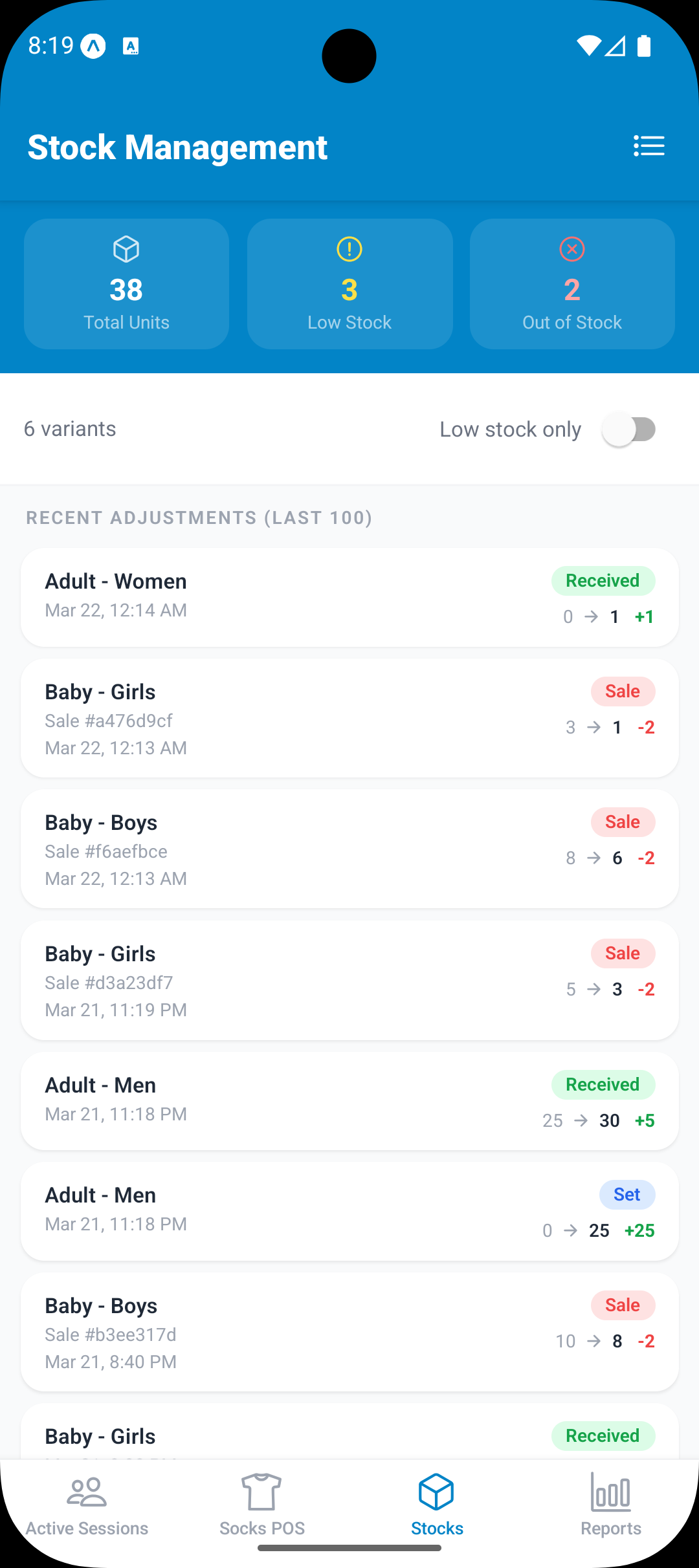 Stocks — Adjustment History Log